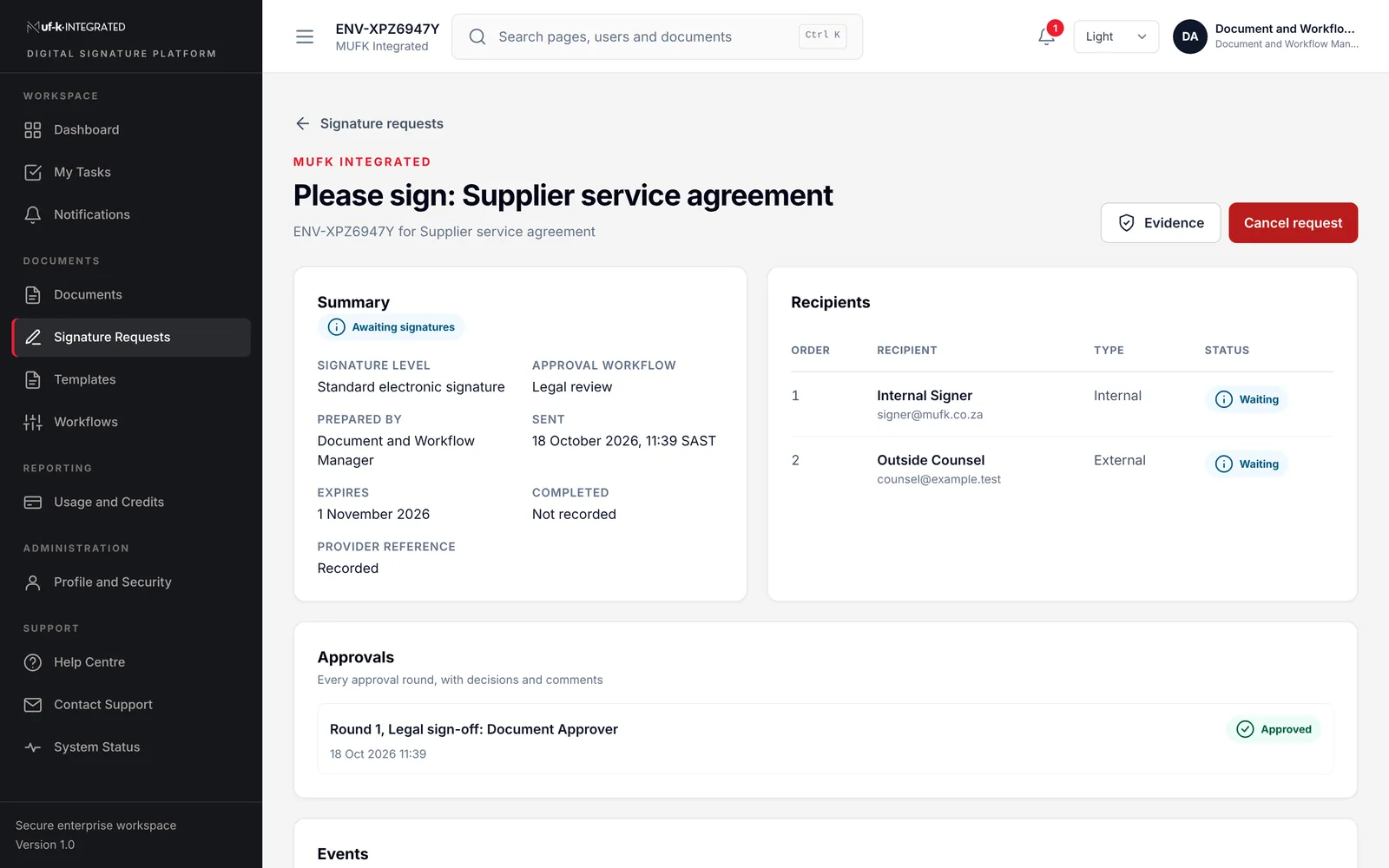 A signature request in MufK showing its summary, recipients in signing order and the approval round.